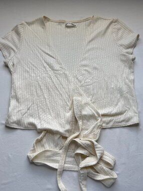 Reformation Jeans Cream Ribbed Wrap Top Tie Front Short Sleeve Blouse